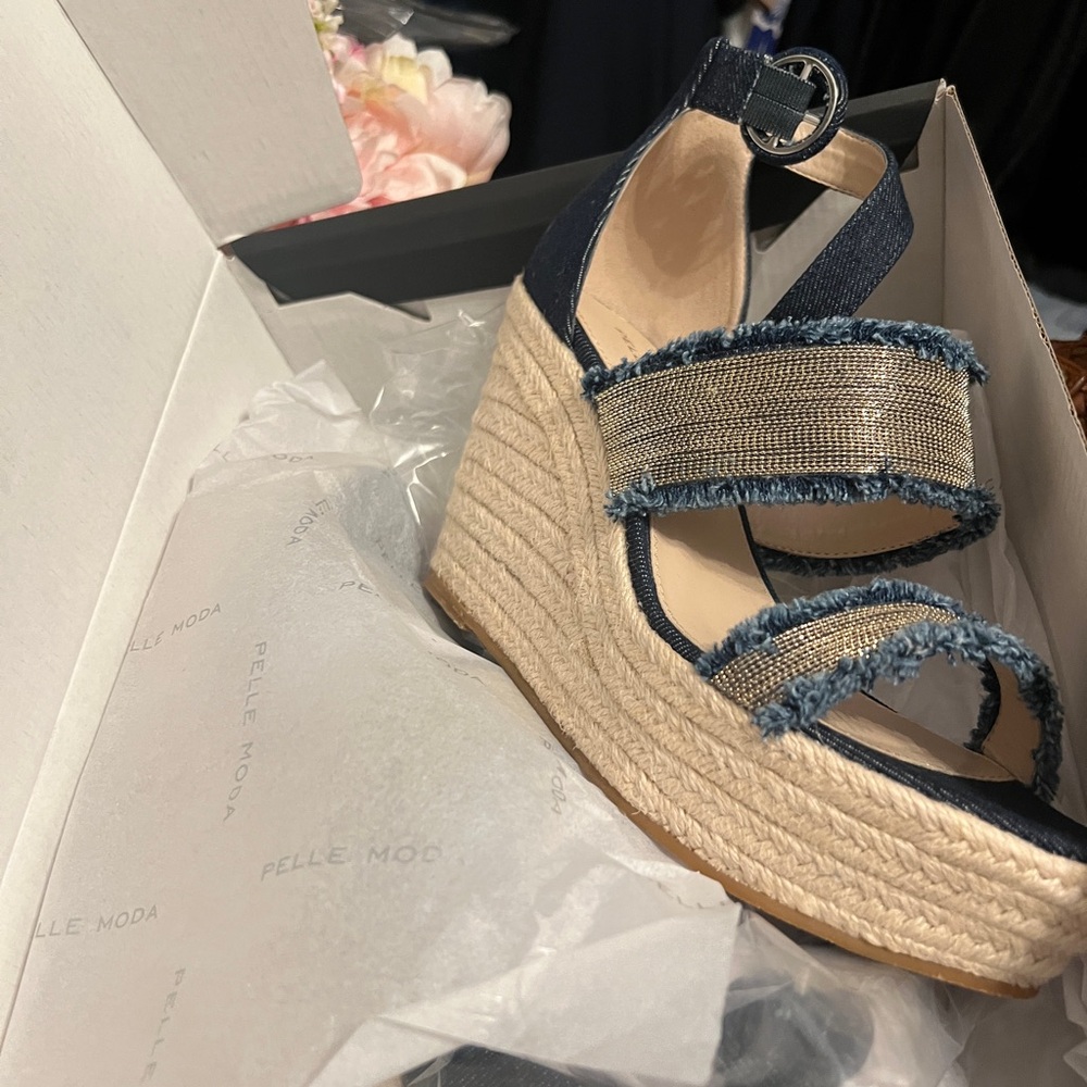 Pelle Moda Navy and Tan Espadrille Wedges